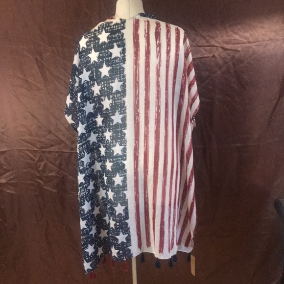 NWT USA Flag patriotic lightweight open kimono tassels OS boho summer cover up - Picture 2 of 15